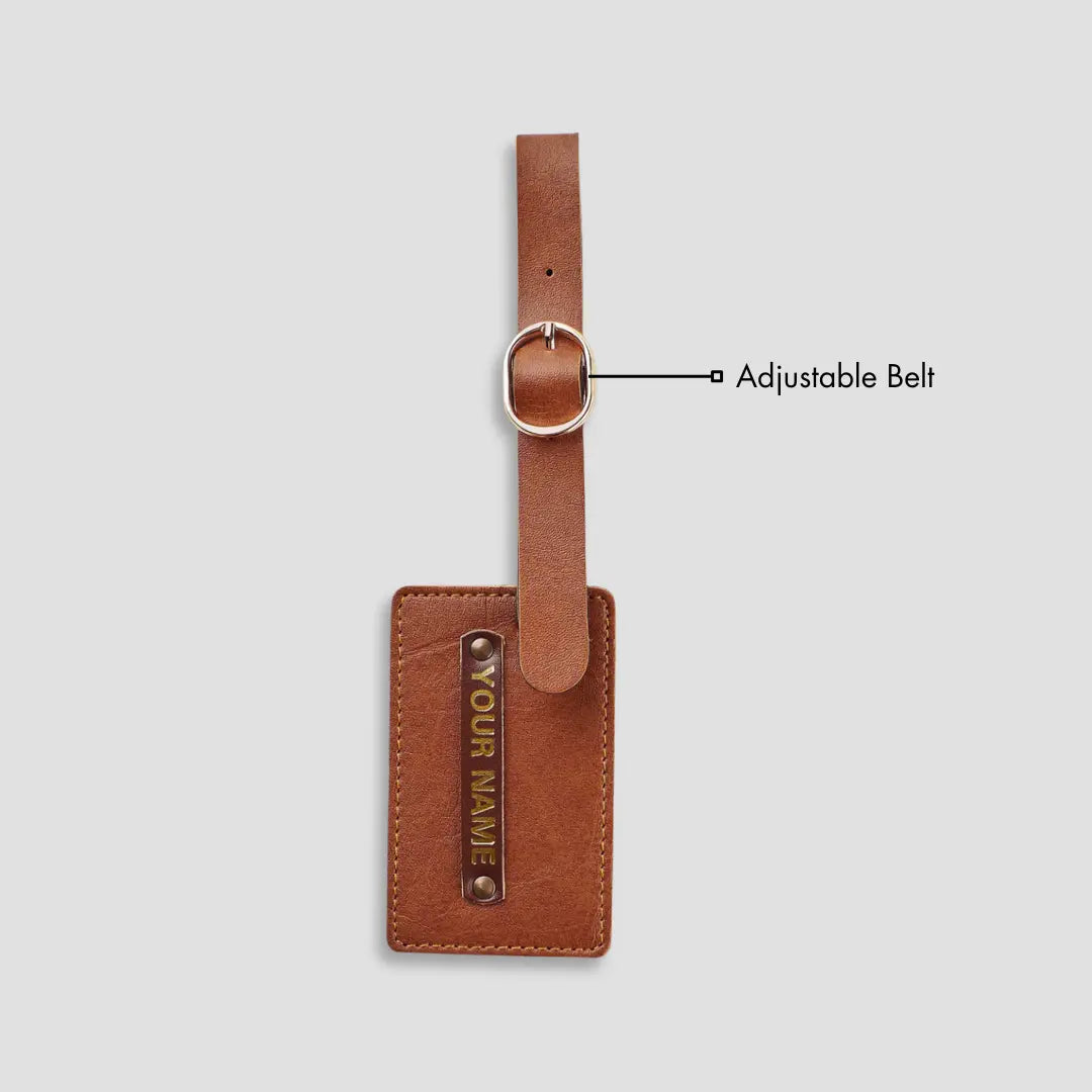Personalized tan luggage tags with adjustable straps