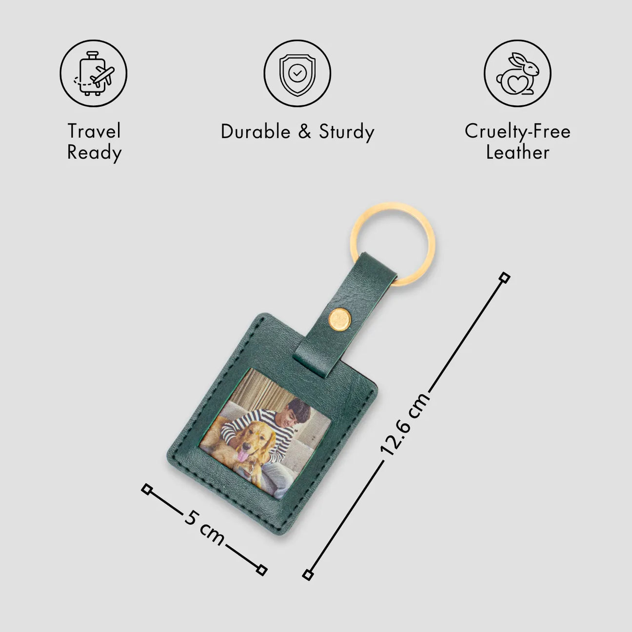 Personalised green leather photo keyring with features