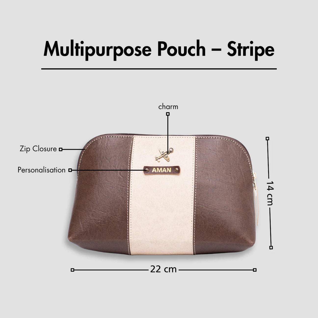 Striped brown leather multipurpose pouch with zip and personalization