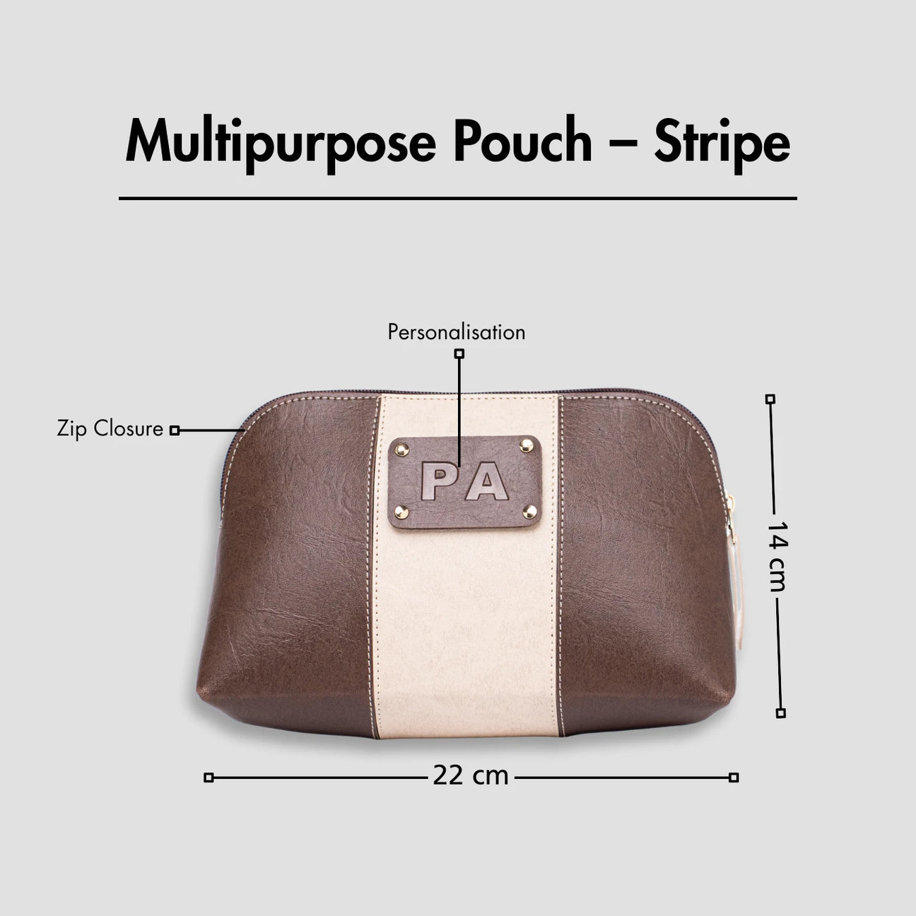 Striped brown leather multipurpose pouch with zip and personalization