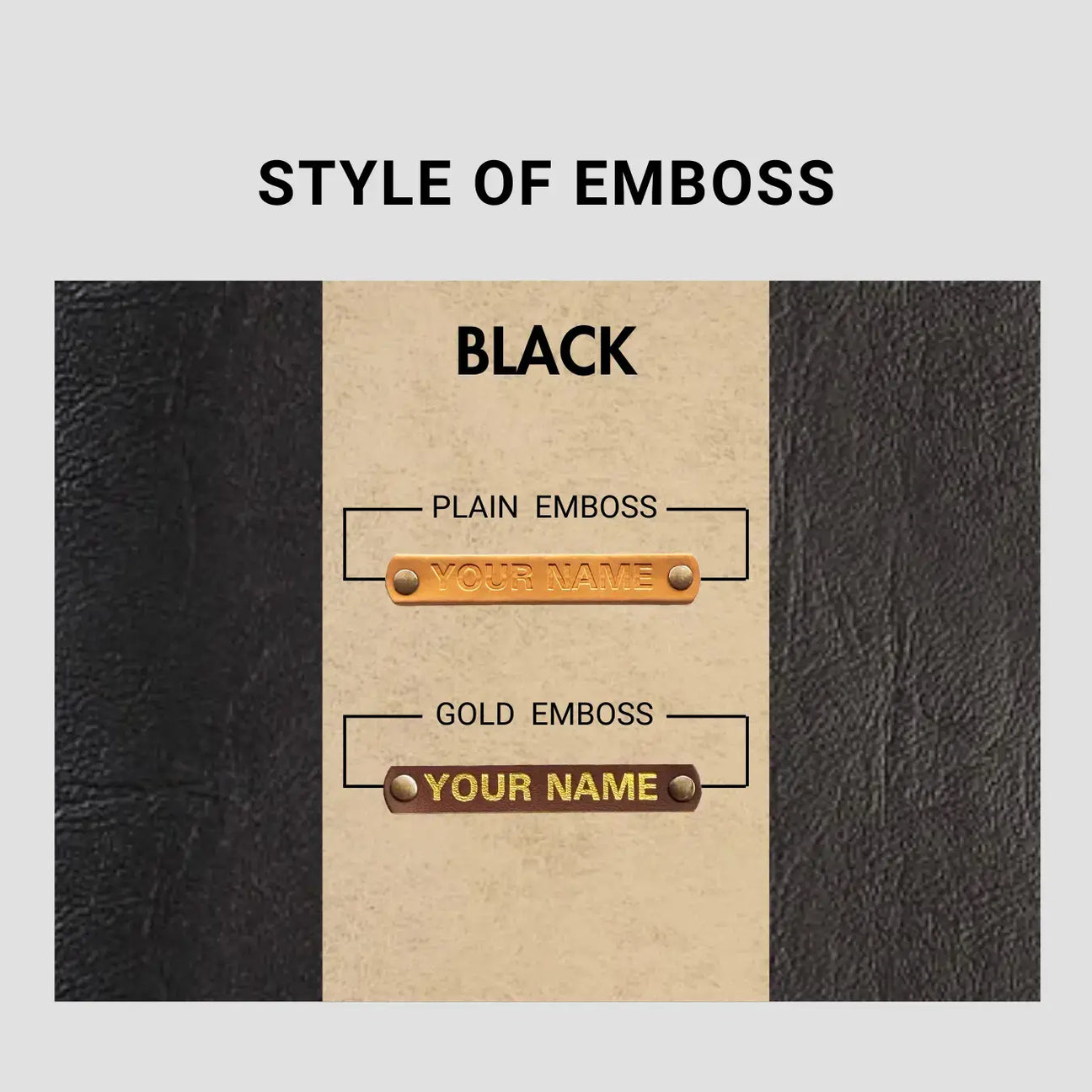 Black emboss style options showing plain and gold name embossing