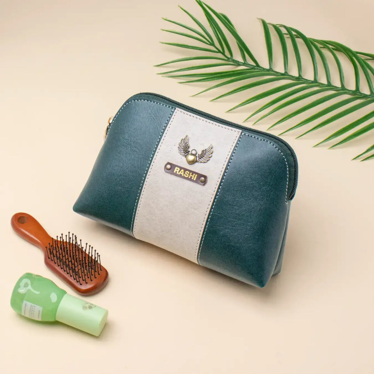 Green leather makeup pouch