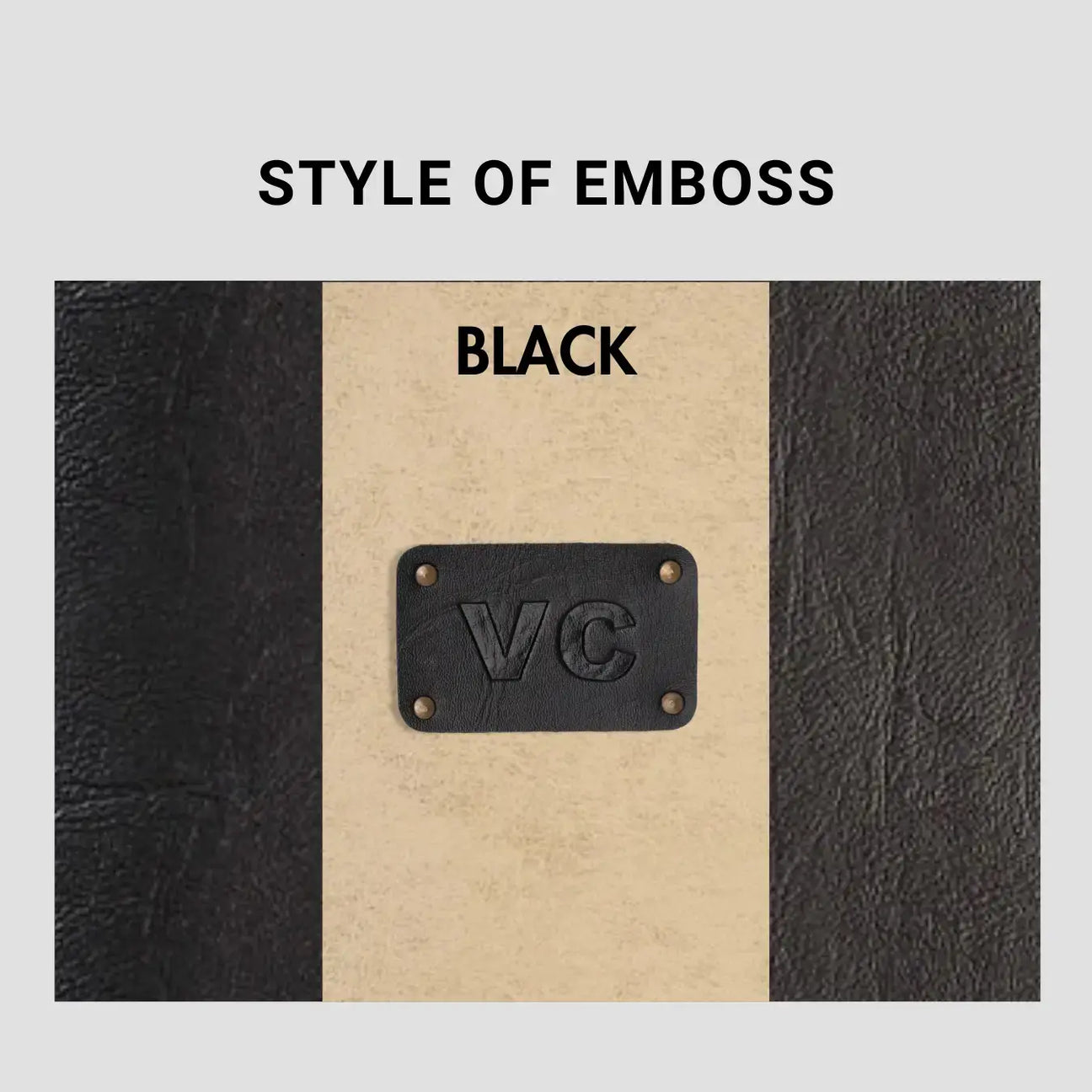 Black emboss style with personalized initials on leather surface