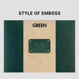 Green emboss style with personalized initials on leather surface