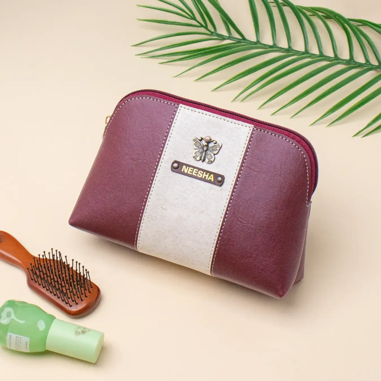 Maroon leather makeup pouch