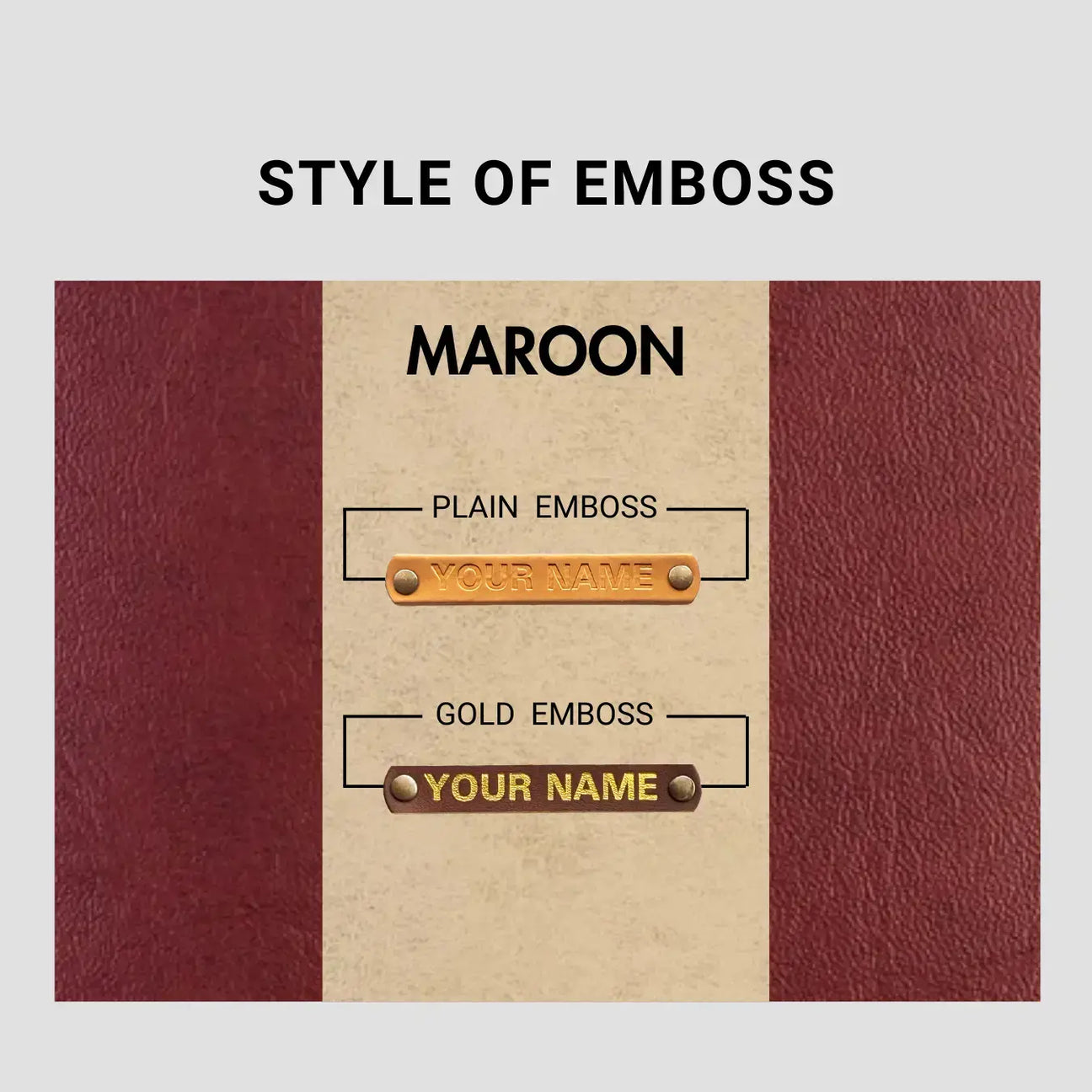 Maroon emboss style options showing plain and gold name embossing