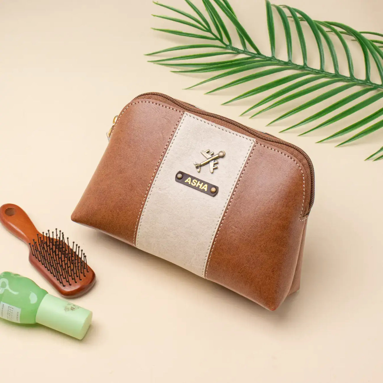Tan leather makeup pouch