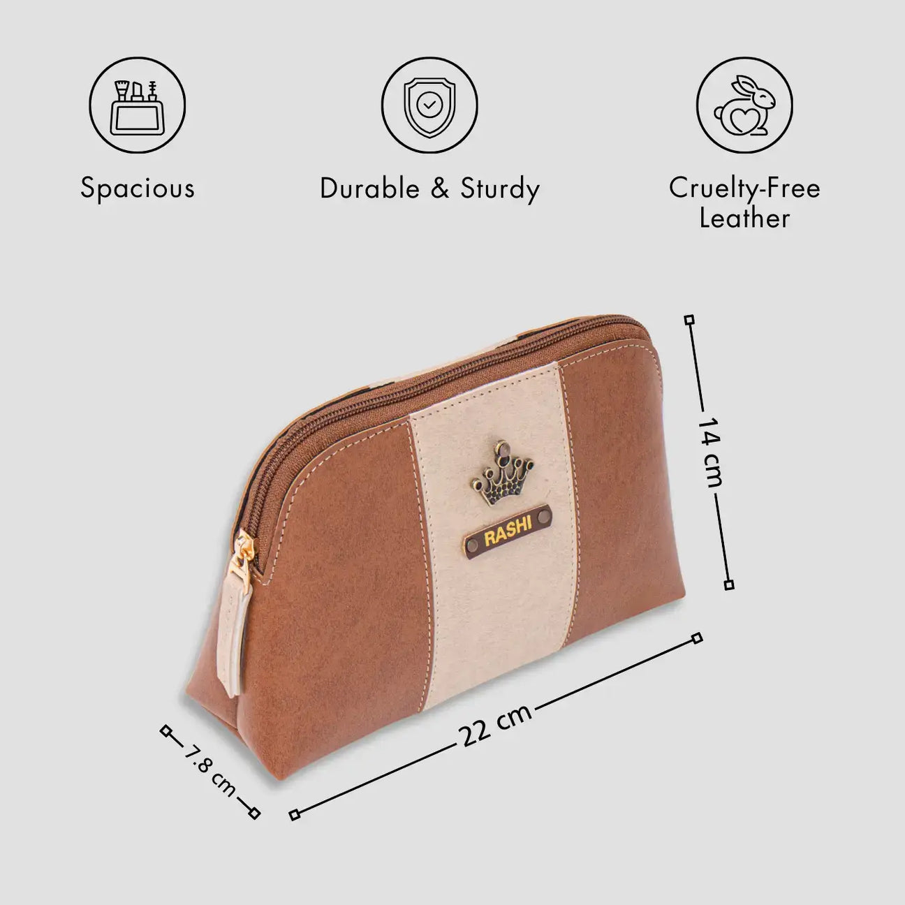 Tan leather makeup pouch with features
