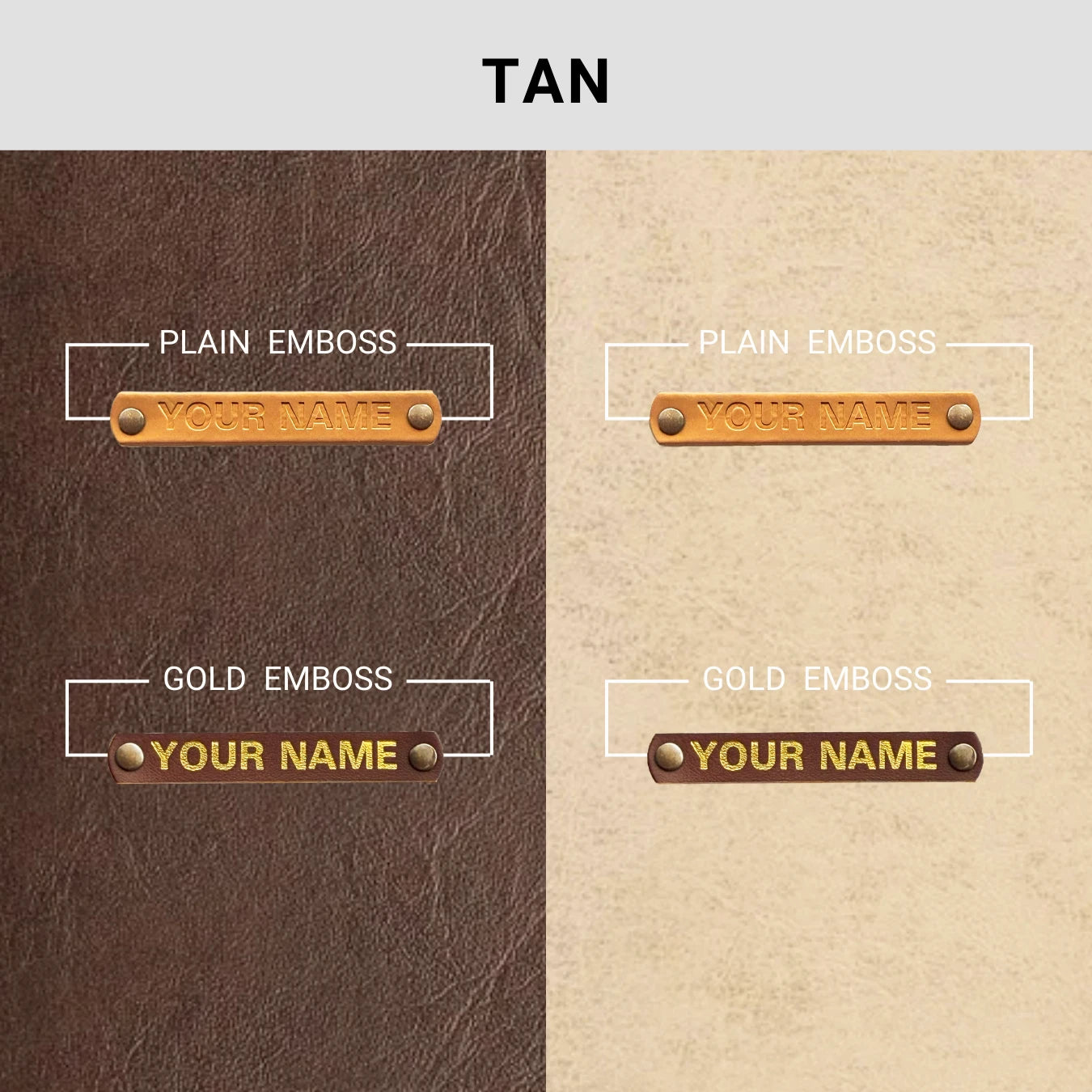Tan leather with plain and gold name embossing options