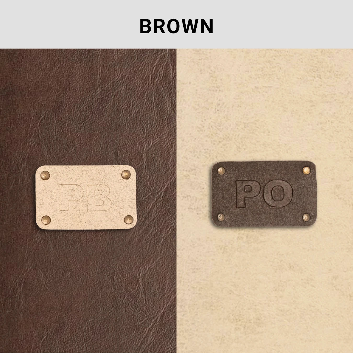 Brown leather texture with engraved metal logo plates
