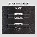 Black leather emboss style options bold and cursive