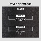 Black leather emboss style options bold and cursive