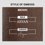 Brown leather emboss style options bold and cursive