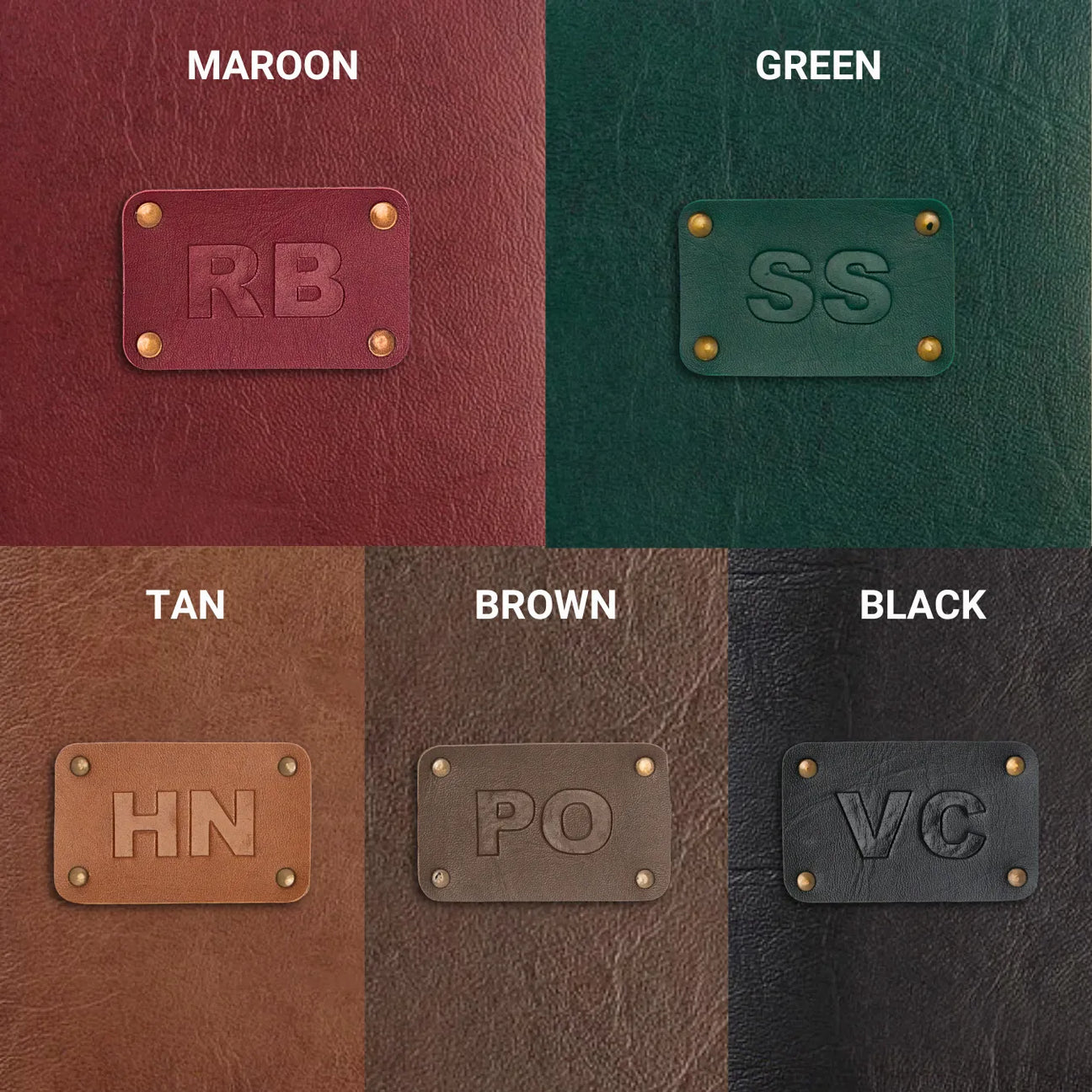 Leather tag colors: maroon, green, tan, brown, black