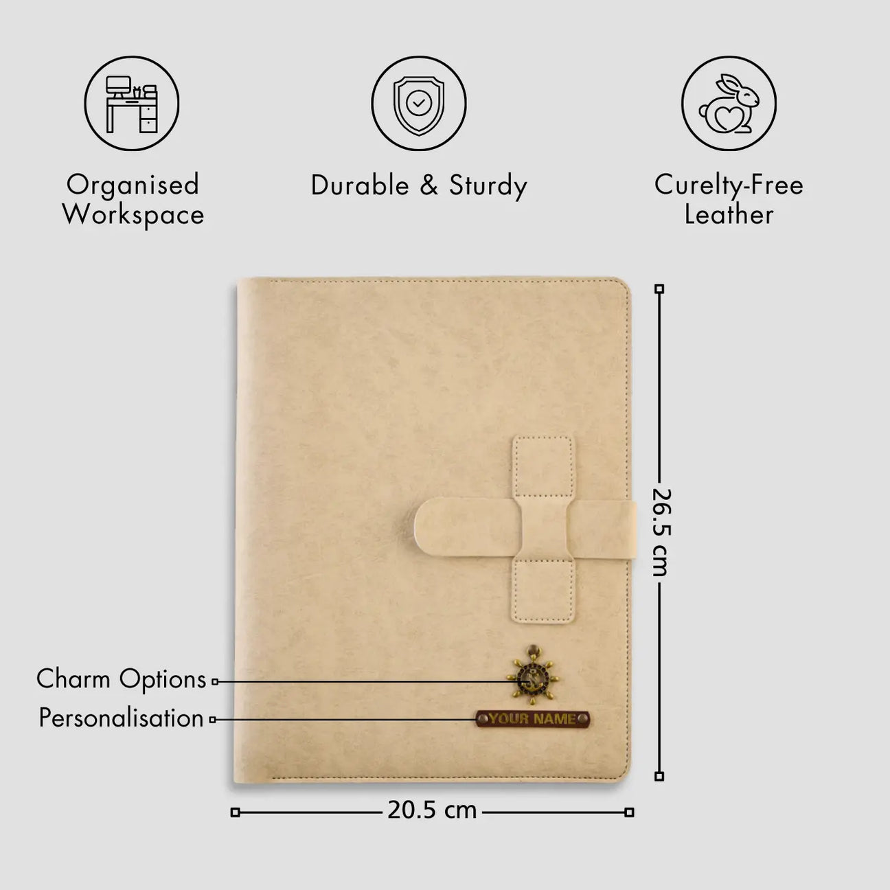 Personalised beige leather organiser with dimensions and features
