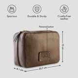 Personalised brown tech bag with zip closure and size dimensions.