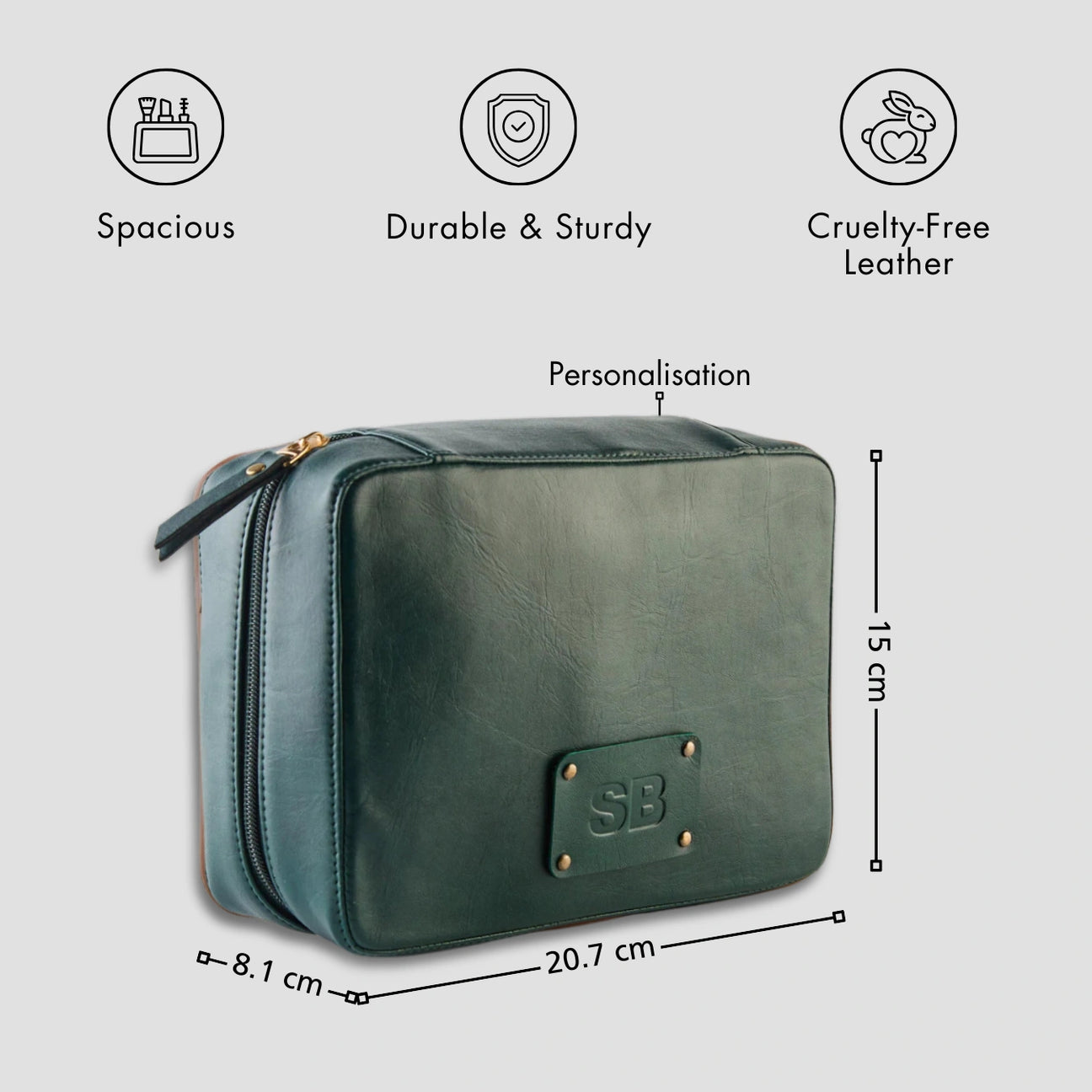 Personalised green tech bag with zip closure and size dimensions.