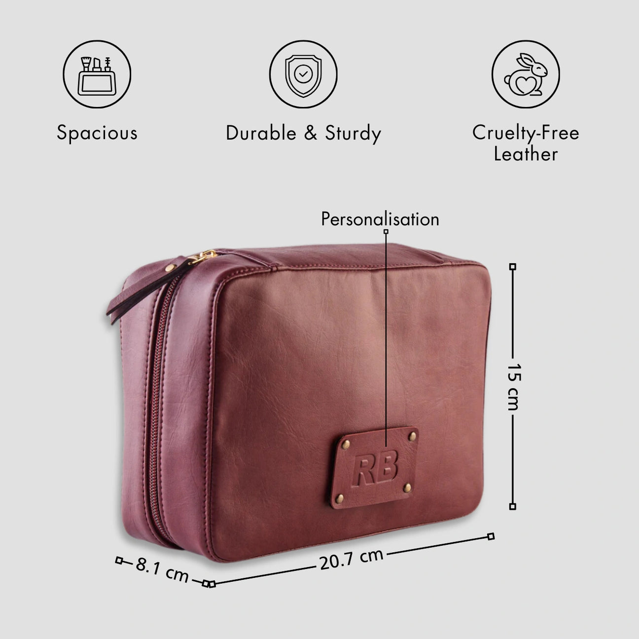 Personalised maroon tech bag with zip closure and size dimensions.