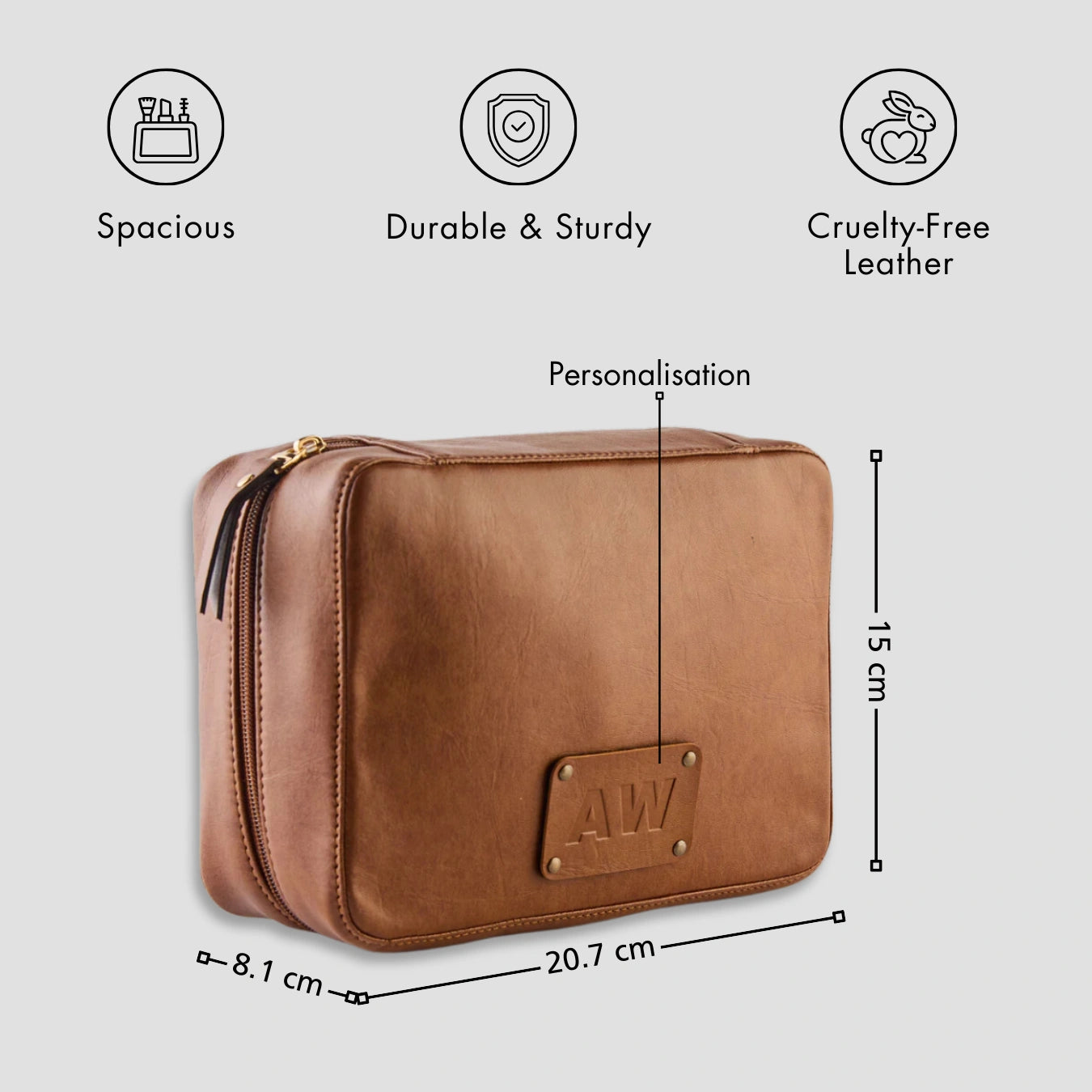 Personalised tan tech bag with zip closure and size dimensions.