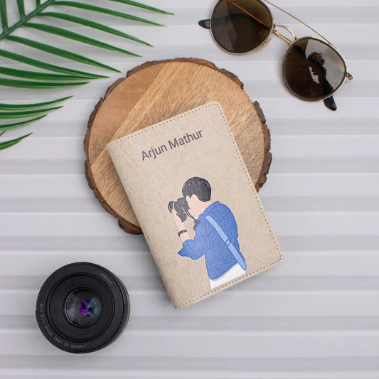 Beige travel pouch with camera gear