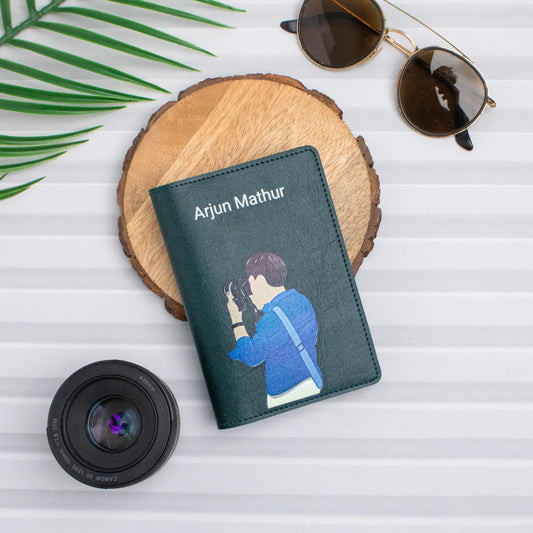 Green travel pouch flatlay with camera gear