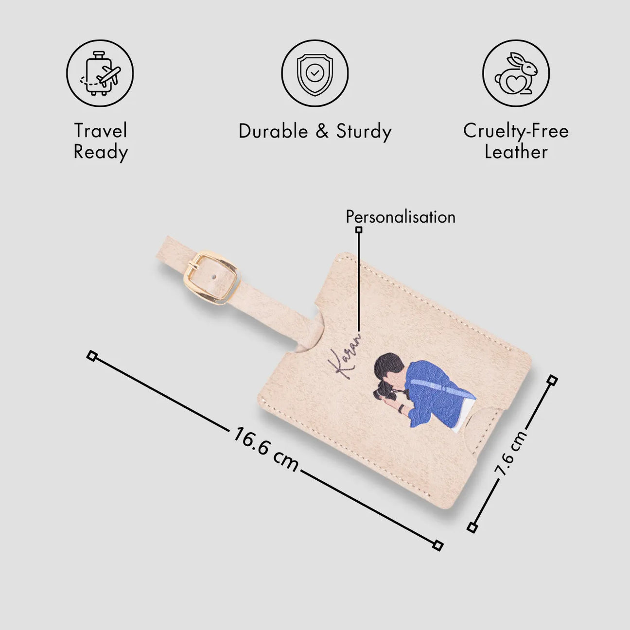 Beige personalised luggage tag with size details