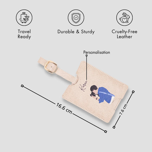Beige personalised luggage tag with size details