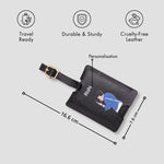 Black personalised luggage tag with size details