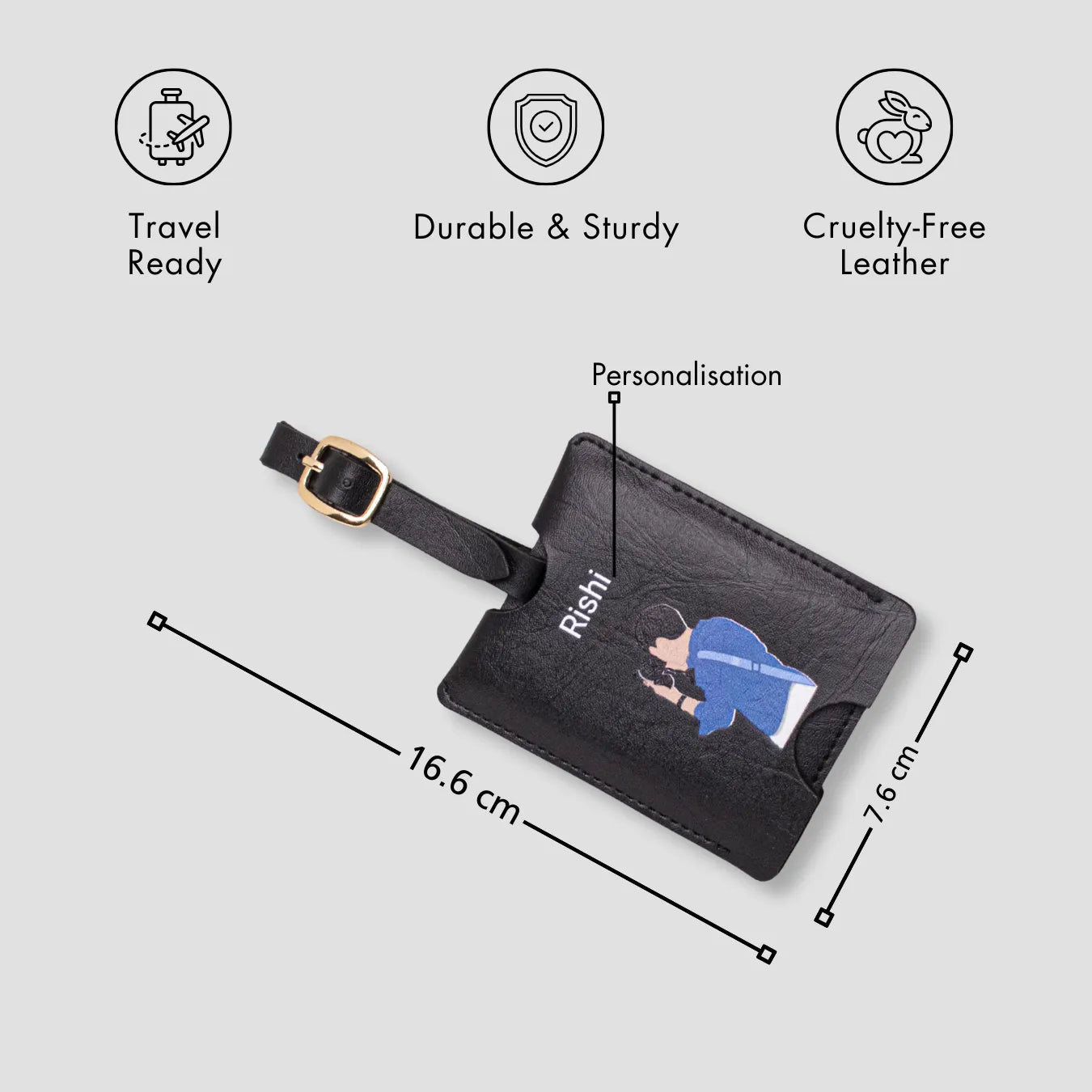 Black personalised luggage tag with size details