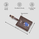 Brown personalised luggage tag with size details