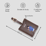 Brown personalised luggage tag with size details