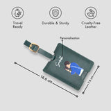 Green personalised luggage tag with size details