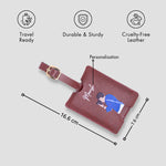 Maroon personalised luggage tag with size details