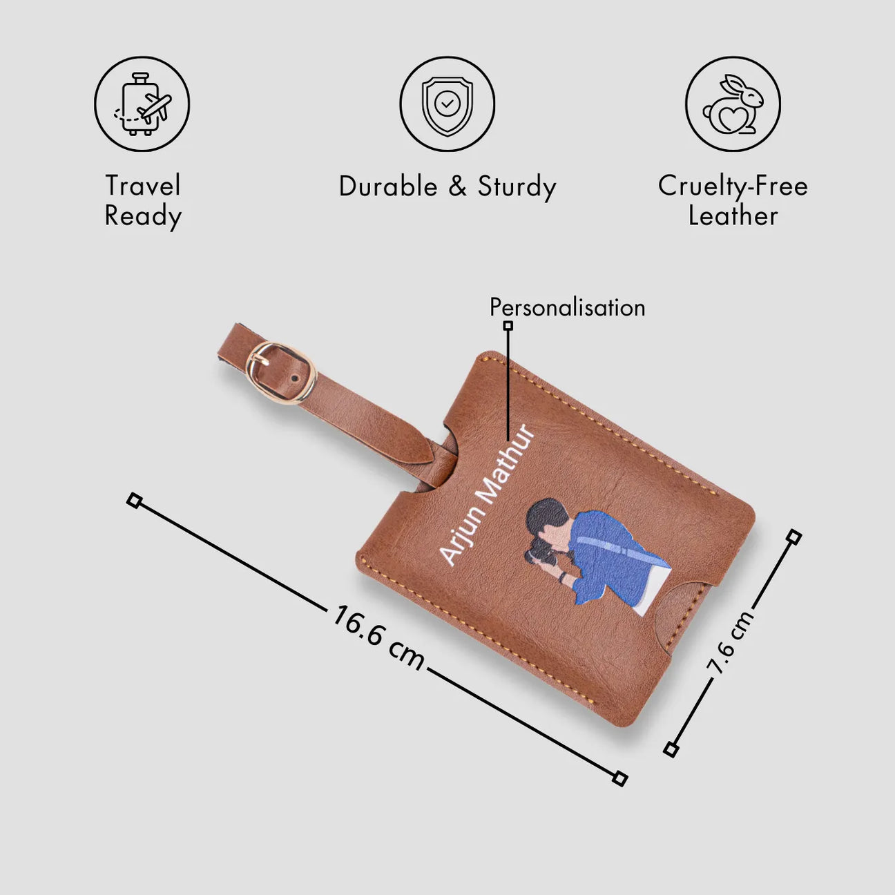 Tan personalised luggage tag with size details