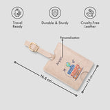 Beige personalised luggage tag with size details