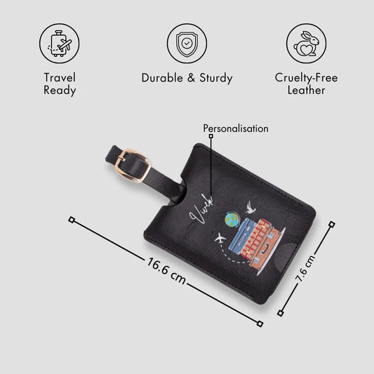 Black personalised luggage tag with size details