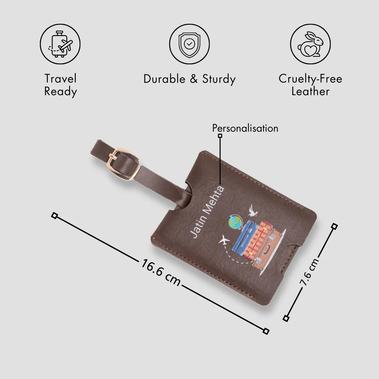 Brown personalised luggage tag with size details