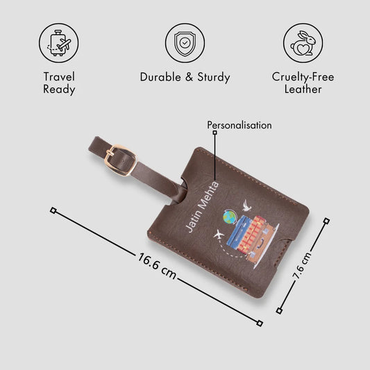 Brown personalised luggage tag with size details