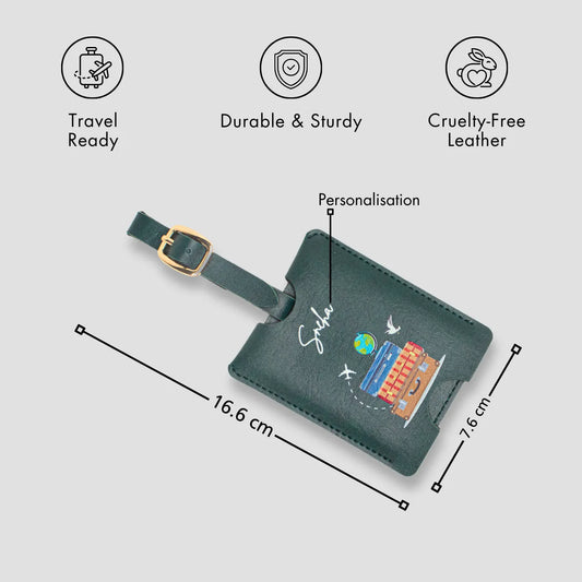 Green personalised luggage tag with size details