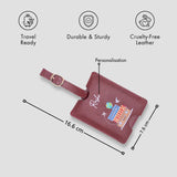 Maroon personalised luggage tag with size details