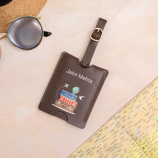 Brown travel-themed luggage tag