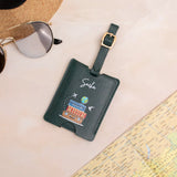 Personalised green luggage tag on travel background