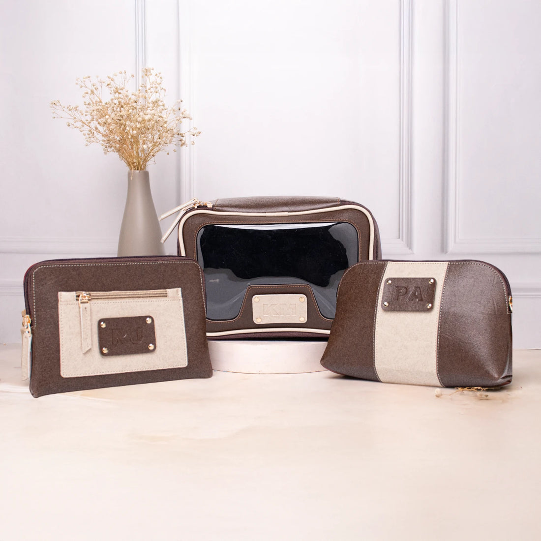 Personalized brown and beige leather cosmetic pouches with transparent makeup bag