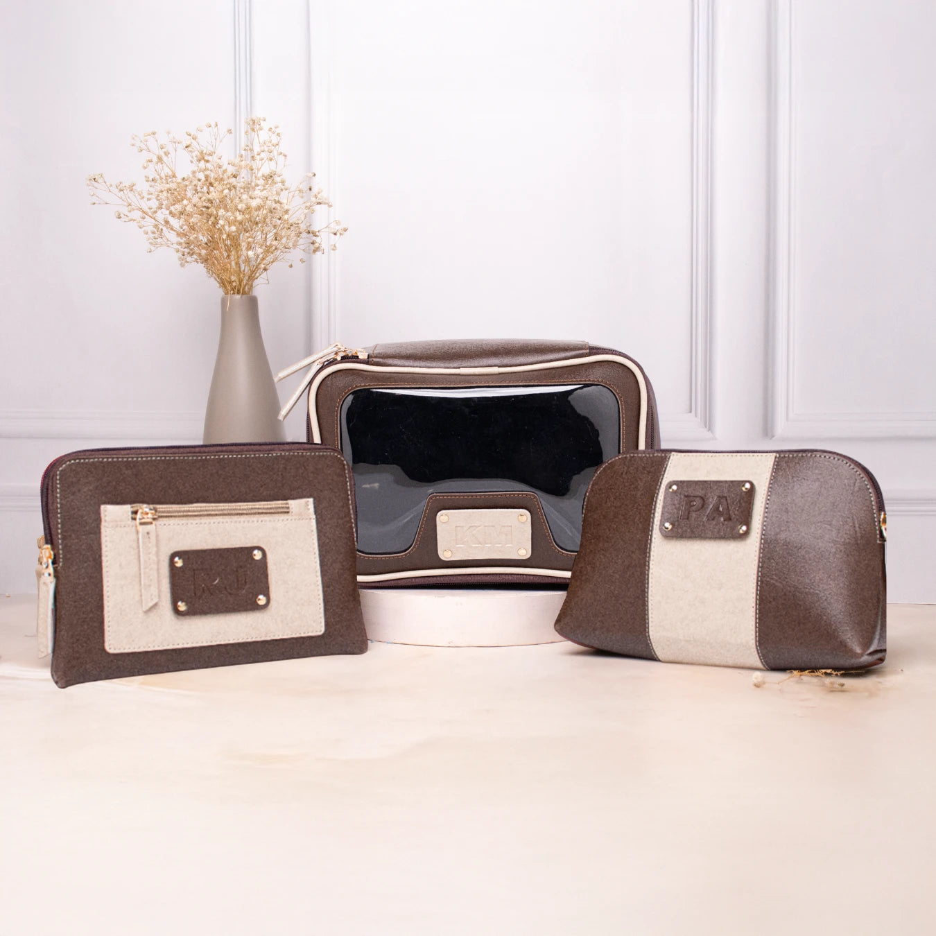 Personalized brown and beige leather cosmetic pouches with transparent makeup bag