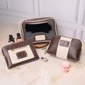 Personalized brown and beige leather cosmetic pouches with transparent makeup bag