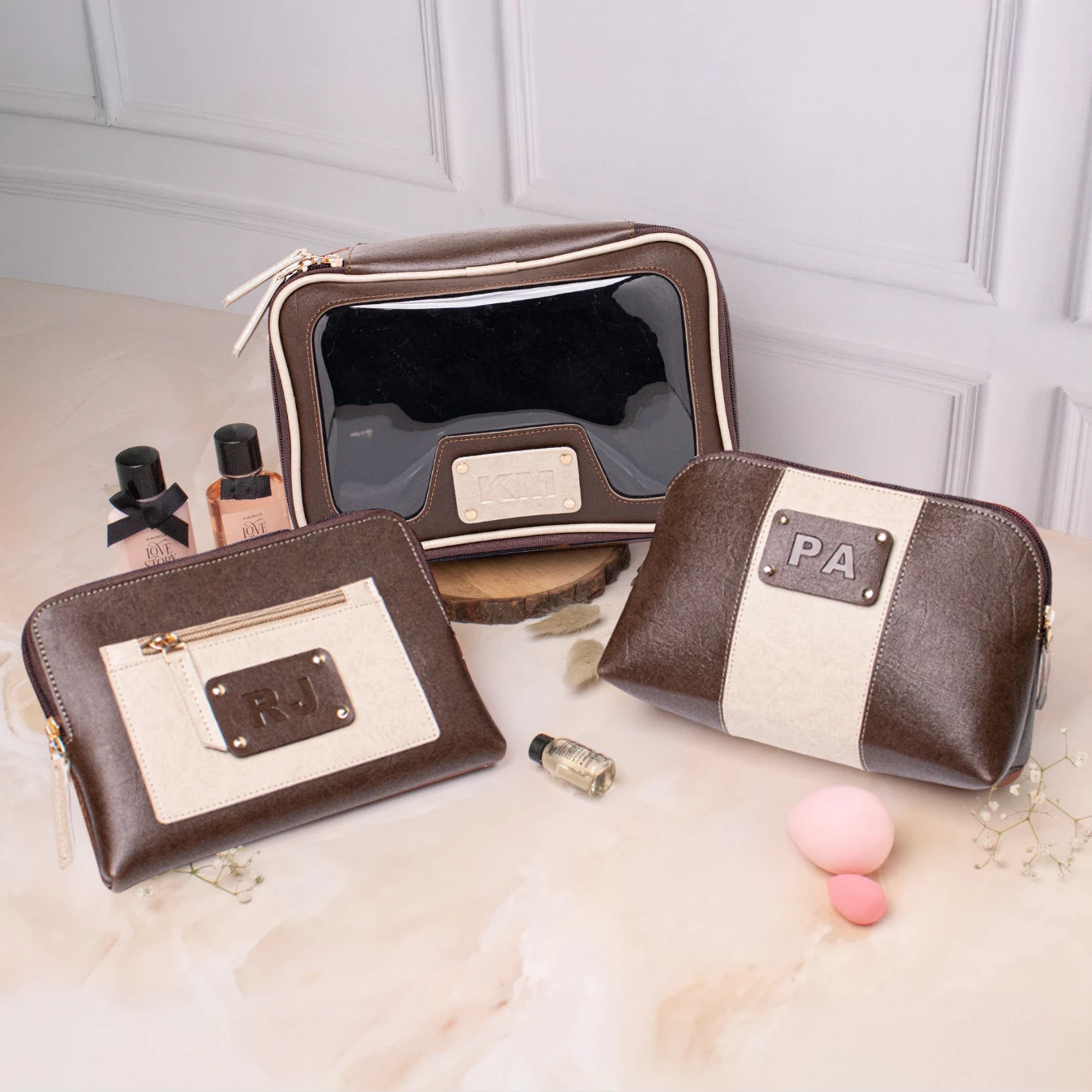 Personalized brown and beige leather cosmetic pouches with transparent makeup bag