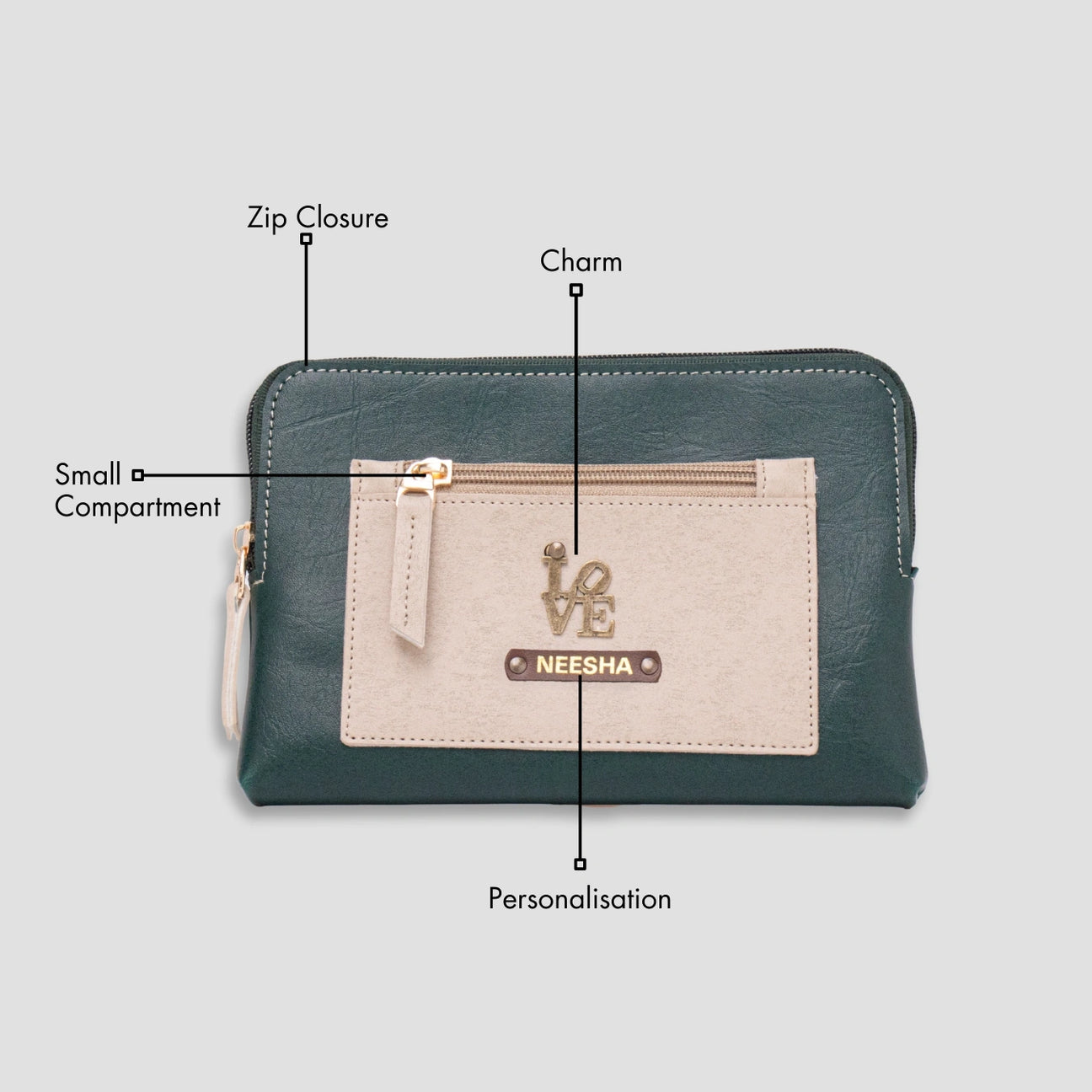 Personalised utility pouch - green with features