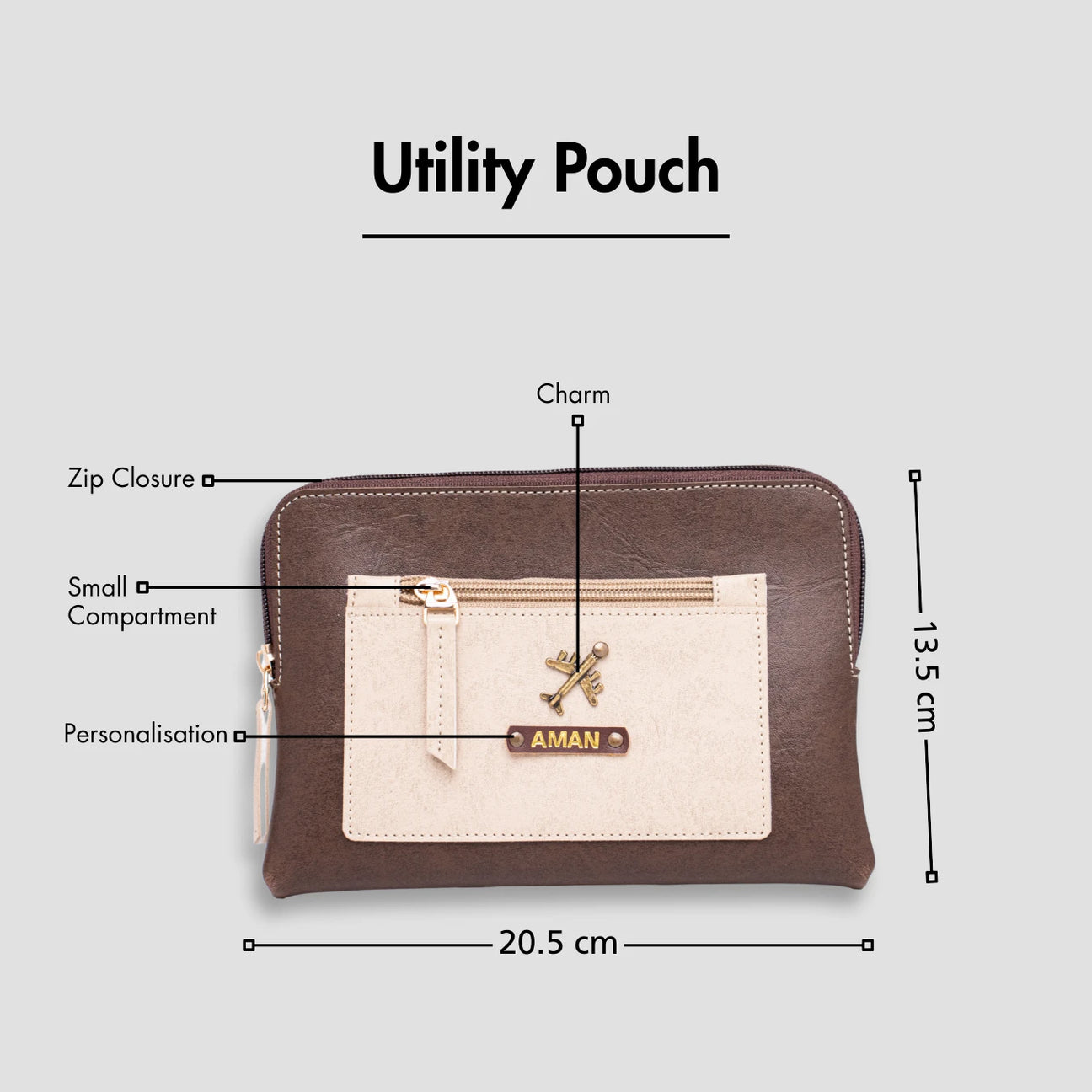 Brown leather utility pouch with zip and personalization
