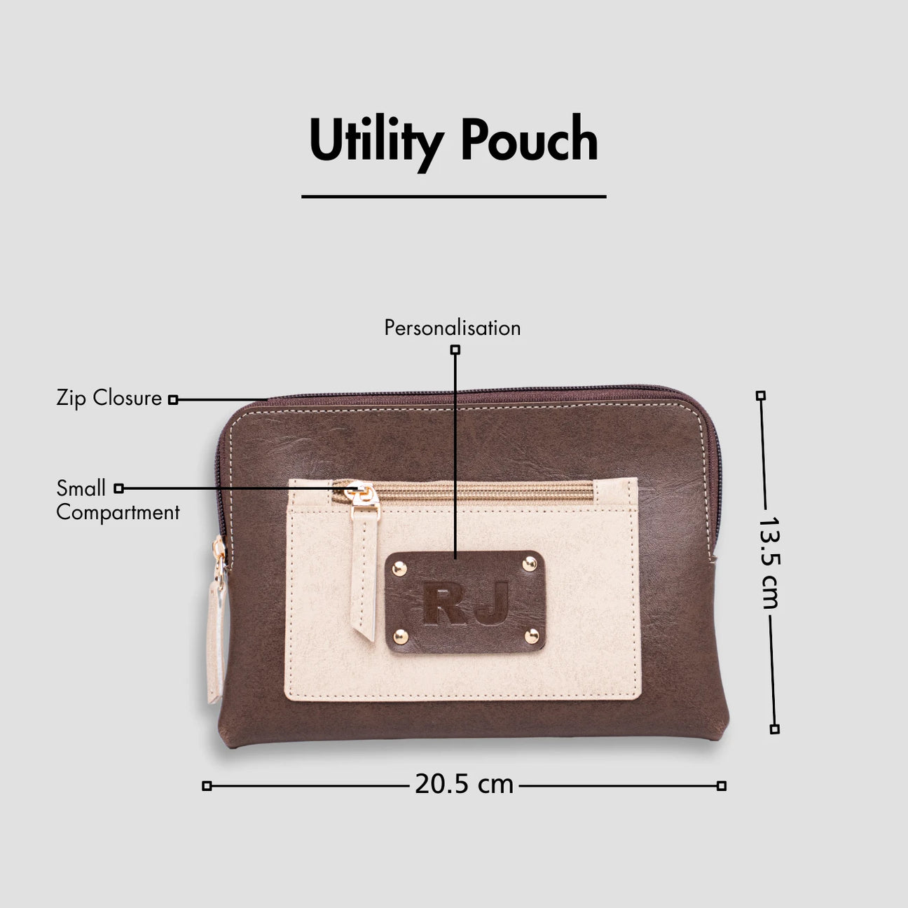 Brown leather utility pouch with zip and personalization