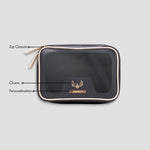 Black leather vanity pouch with features